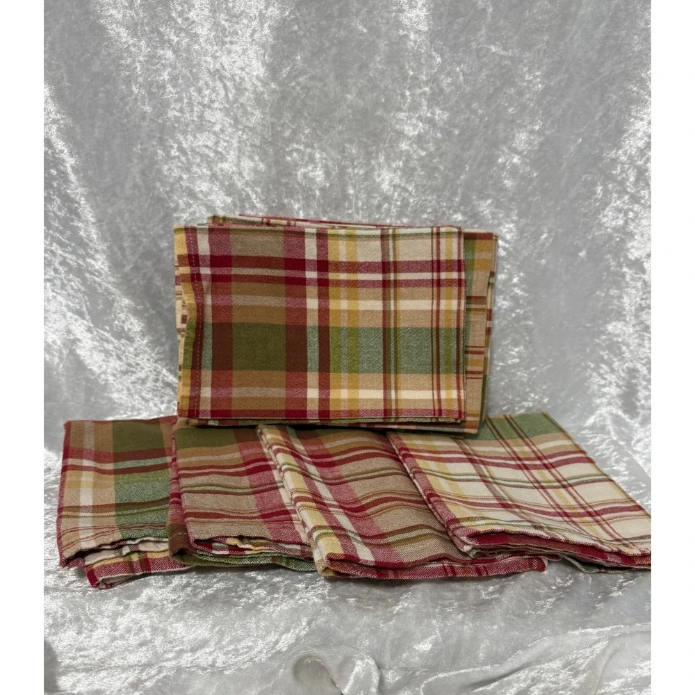 Set of 8 Harvest Plaid Cloth Napkins Red Green Yellow Fall Thanksgiving Decor